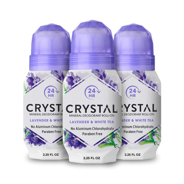 CRYSTAL Aluminum Free Mineral Deodorant Roll-On for Women & Men, Lavender & White Tea - Paraben Free - Certified Cruelty Free & Vegan Deodorant - 2.25 Fl Oz (Pack of 3)